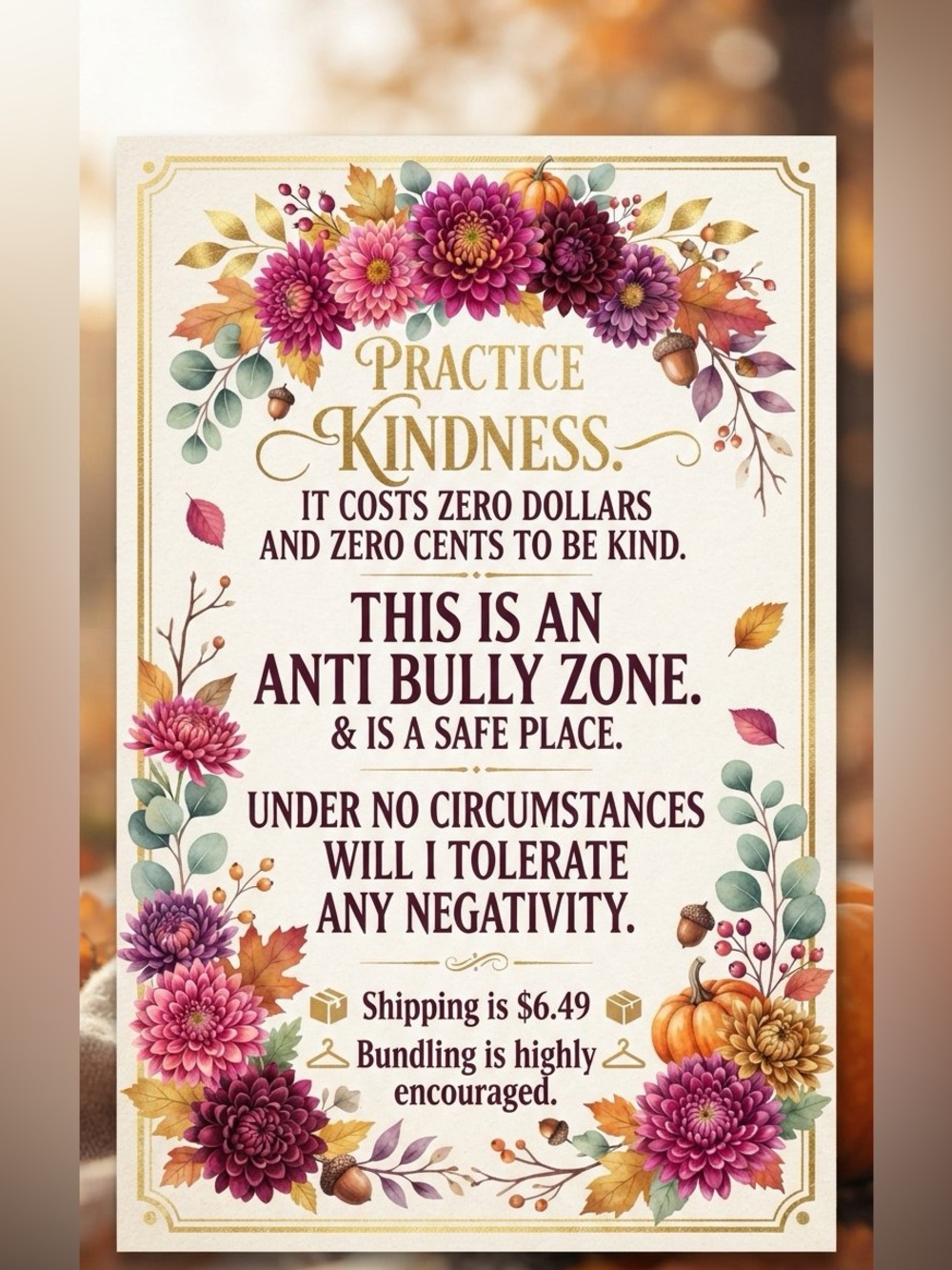 Practice Kindness Floral Wall Art Sign - Pink & Gold